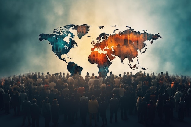 Monde mondialisation mondialisation concept de carte du monde foule de gens d'affaires personnes multiculturelles formant une carte du monde dans une foule générée par l'IA