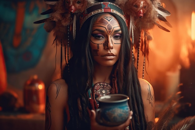 Monde mystique d'une jolie chamane amérindienne alors qu'elle se lance dans un rituel secret d'ayahuasca rempli de révélations spirituelles merveilleuses et d'un voyage psychédélique AI générative