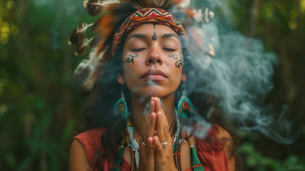 monde mystique d'une jolie femme chamane amérindienne alors qu'elle s'embarque dans un rituel secret d'ayahuasca rempli de révélations spirituelles merveilleuses et d'un voyage psychédélique
