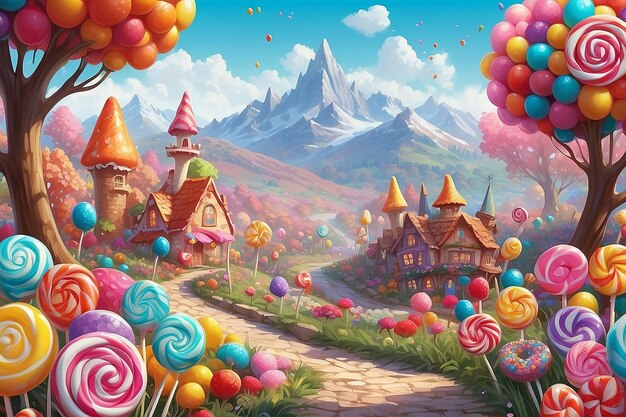 Monde de paysages de bonbons mignons collines et montagnes douces