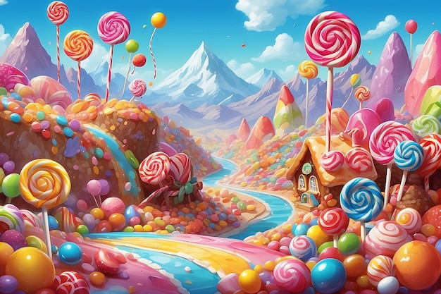 Monde de paysages de bonbons mignons collines et montagnes douces