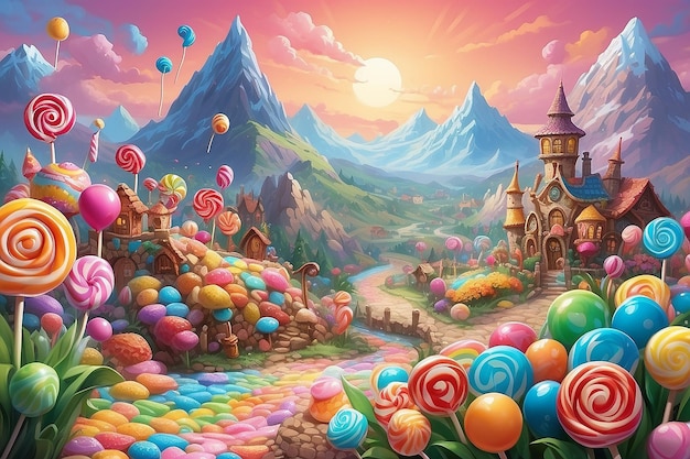 Monde de paysages de bonbons mignons collines et montagnes douces