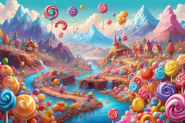 Monde de paysages de bonbons mignons collines et montagnes douces