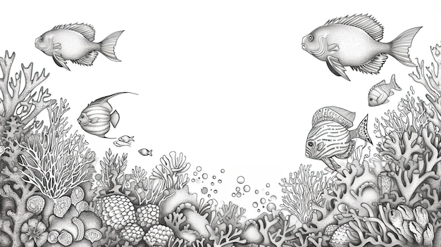 Photo monde sous-marin abstrait griffon algues poissons coraux pierres nageant courant nageoires nageoires chargement plongeur plongée sous-marine prise générée par ai