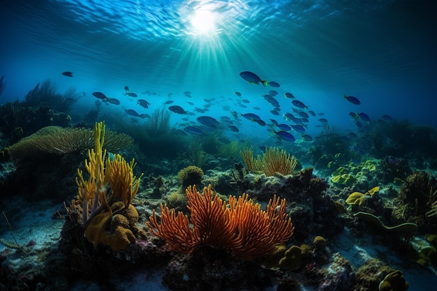 Monde sous-marin enchanteur au soleil bleu AI générative