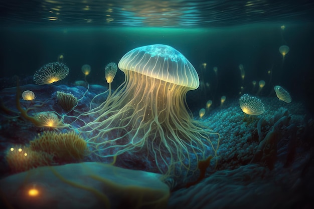 Monde sous-marin Méduses bioluminescentes au fond de la mer avec des algues et des coraux Illustration photoréaliste AI générative