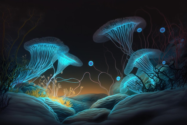 Monde sous-marin Méduses bioluminescentes au fond de la mer avec des algues et des coraux Illustration photoréaliste AI générative