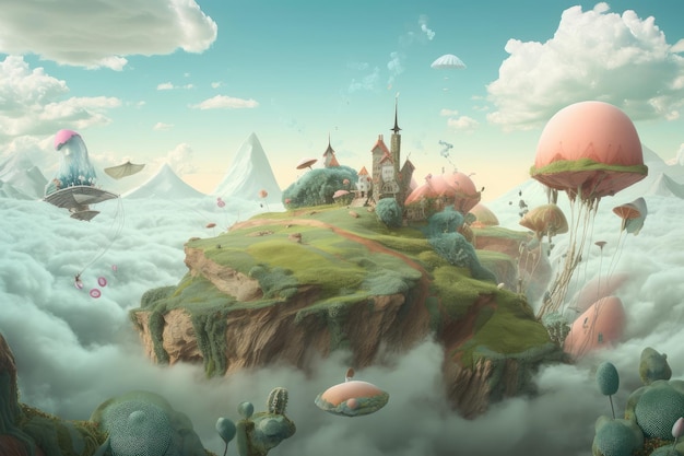 Un monde surréaliste et fantastique avec des objets flottants et des créatures au-dessus d'un paysage de rêve