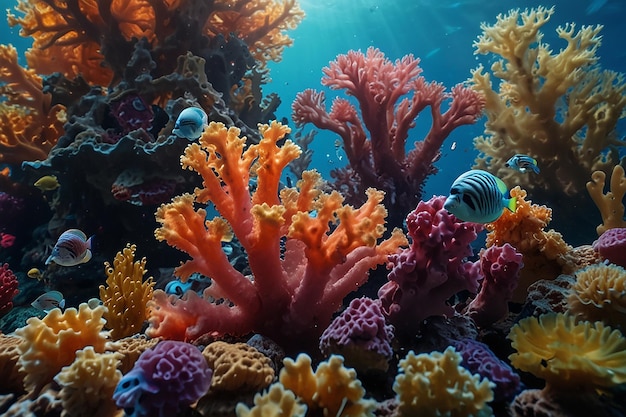 Le monde surréaliste des récifs coralliens sous-marins avec des coraux et des gelées colorés