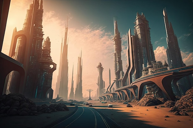 Monde virtuel futuriste avec de hauts bâtiments et une ville développée