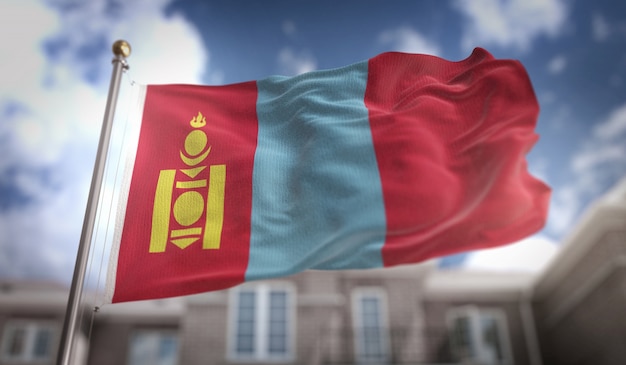Mongolie, drapeau 3D, rendu, bleu, ciel, bâtiment, fond