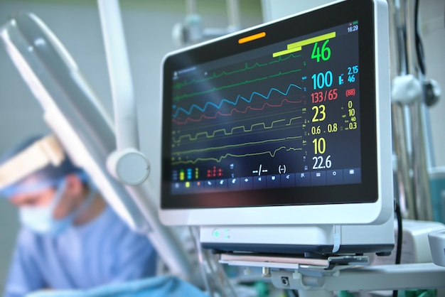 Moniteur de contrôle de la fréquence cardiaque et de l'état du patient dans la salle de théâtre de l'hôpital pendant l'opération chirurgicale.