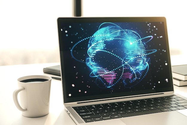 Moniteur informatique avec graphique abstrait carte du monde numérique avec connexions concept de mondialisation rendu 3D