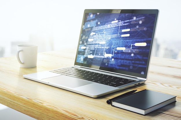 Moniteur informatique moderne avec langage de programmation abstrait recherche et développement concept Rendering 3D