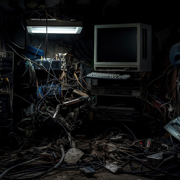 Photo un moniteur d'ordinateur avec un clavier et des fils au milieu