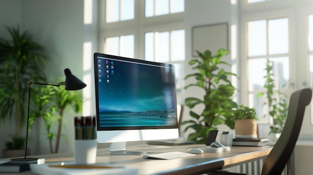 un moniteur d'ordinateur est sur un bureau avec une fenêtre en arrière-plan