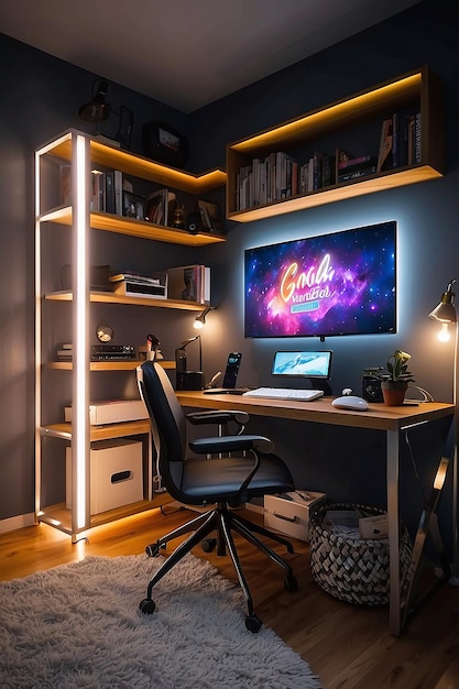 Photo un moniteur d'ordinateur avec une lumière dorée sur le mur et une chaise noire devant lui