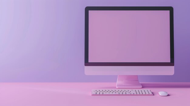 Un moniteur d'ordinateur moderne avec un clavier Il est isolé sur un fond lilas Ceci est un modèle de page web page d'atterrissage modèle d'écran d' ordinateur de bureau Un design réaliste de style dessin animé 3D