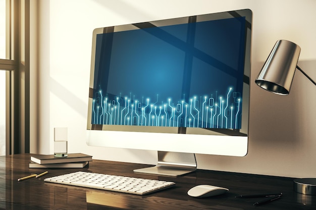 Moniteur d'ordinateur moderne avec hologramme de circuit Conception matérielle de recherche et développement Rendering 3D