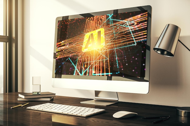 Moniteur d'ordinateur moderne avec icône d'intelligence artificielle créative Réseaux neuronaux et concept d'apprentissage automatique rendu 3D