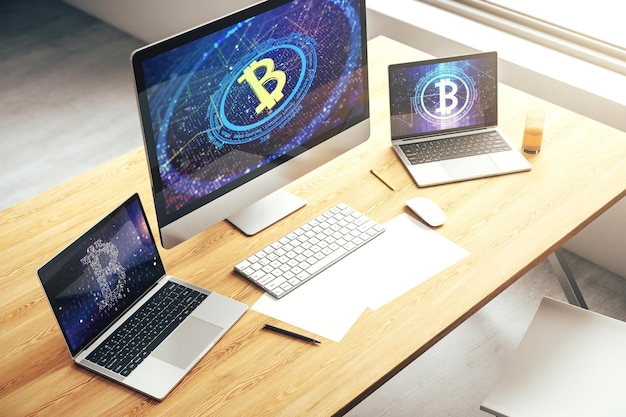 Photo moniteur d'ordinateur moderne avec symbole créatif de bitcoin concept de crypto-monnaie rendering 3d