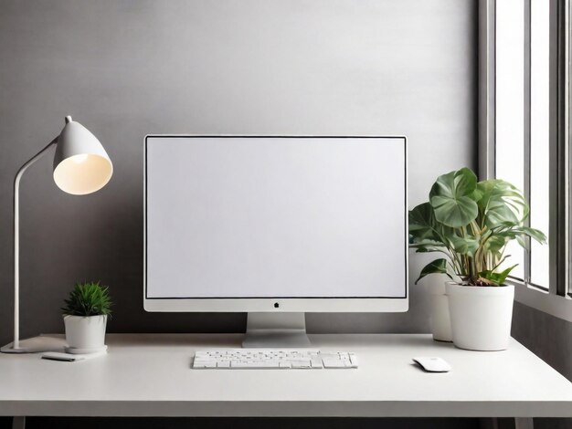 un moniteur d'ordinateur avec une plante sur la table