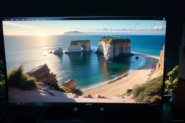 Un moniteur avec une plage et un gros rocher sur le côté gauche.