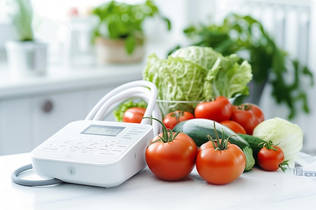 Un moniteur de pression artérielle blanche est assis sur une table avec une variété de légumes