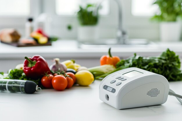 Photo un moniteur de pression artérielle blanche est assis sur une table avec une variété de légumes