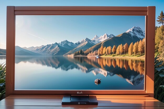 Un moniteur avec une scène de montagne à l'écran