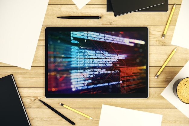 Moniteur de tablette numérique moderne avec concept abstrait de recherche et de développement de langage de programmation Vue de dessus Rendu 3D