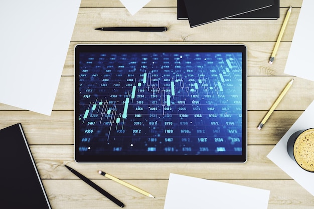 Moniteur de tablette numérique moderne avec des statistiques abstraites créatives données hologrammes statistiques et concept d'analyse Vue supérieure Rendering 3D
