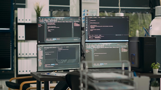 Moniteurs affichant le code d'analyse dans le bureau de l'agence informatique vide avec des ordinateurs compilant des algorithmes de données. Serveurs d'intelligence artificielle cloud computing avec script html sur la fenêtre temrinal.