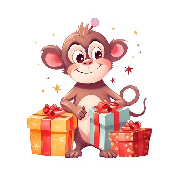 Monkey de dessin animé mignon avec des cadeaux Illustration vectorielle isolée sur fond blanc