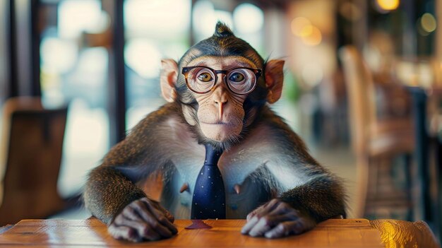 Photo monkey executive avec des lunettes et une cravate ai générative