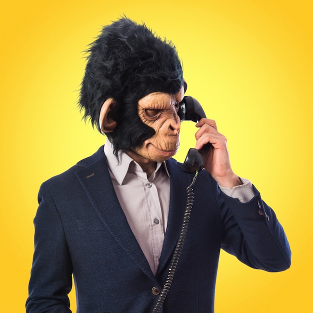 Monkey, homme, conversation, vintage, téléphone, coloré, fond