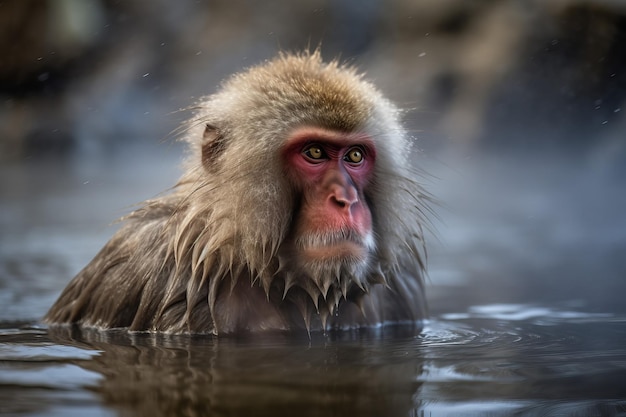 Photo monkey japonais mignon et moelleux dans l'eau de l'étang générer ai