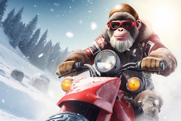 Monkey de Noël sur un vélo de sport sur la neige