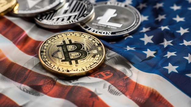 Monnaie Bitcoin avec des drapeaux américains et européens pour la bannière du site Web