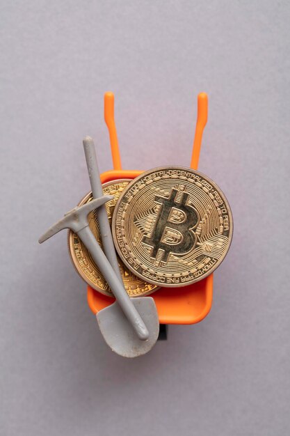 Monnaie crypto bitcoin extrayant une pièce d'or bitcoin avec une pioche minière