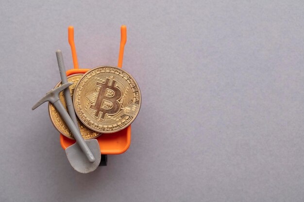 Monnaie crypto bitcoin extrayant une pièce d'or bitcoin avec une pioche minière