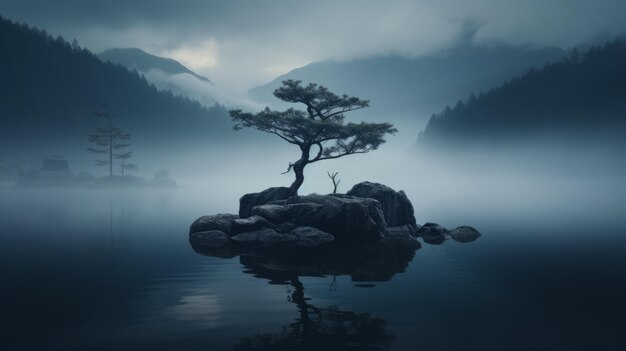 Monotone Serene Rock avec un arbre flottant dans un lac calme