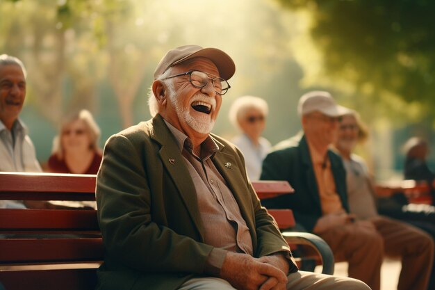 Un monsieur âgé riant avec des amis à une IA générative.