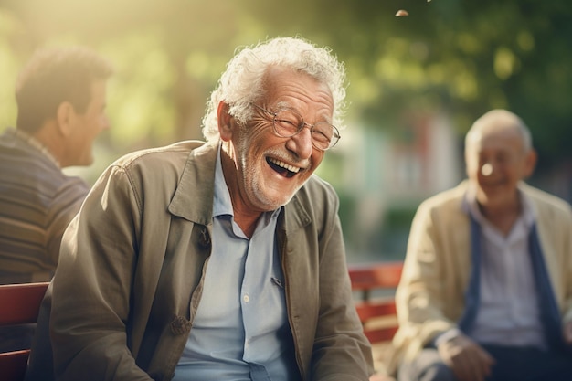 Un monsieur âgé riant avec des amis à une IA générative.