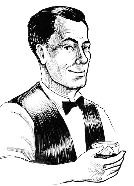 Monsieur buvant un verre de whisky. Dessin noir et blanc à l'encre