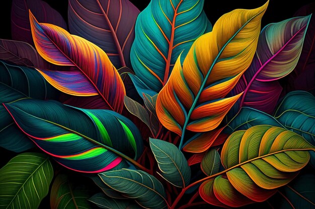 Monstera et Calathea feuilles colorées de plantes tropicales pleines de couleurs générées par Ai