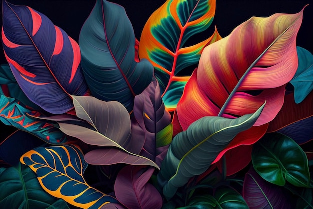 Monstera et Calathea feuilles colorées de plantes tropicales pleines de couleurs générées par Ai