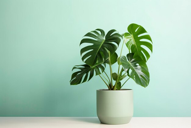 Photo monstera deliciosa dans un pot de fleurs vert sur une toile de fond vert clair suivant le minimalisme