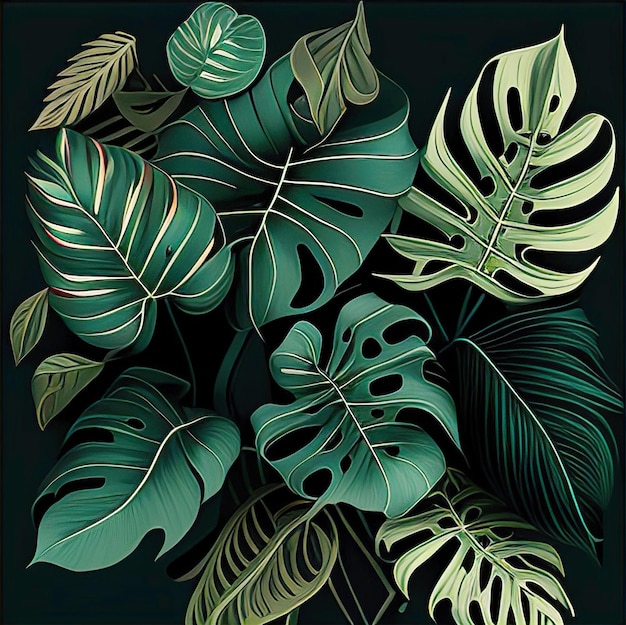 Monstère de feuilles et motif de palmiers sur fond sombre aux couleurs vertes Illustration AI générée pour la carte postale de conception ou l'impression