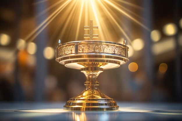 Photo le monstrance doré avec un petit centre de cristal transparent consacré à l'église d'accueil à l'arrière-plan défocalisé